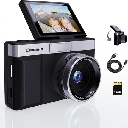 Black Digital Camera 1080P 2" Flip Screen 8X Zoom Portable Vlogging with 32GB