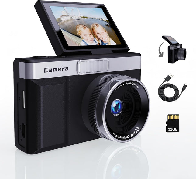 Black Digital Camera 1080P 2" Flip Screen 8X Zoom Portable Vlogging with 32GB