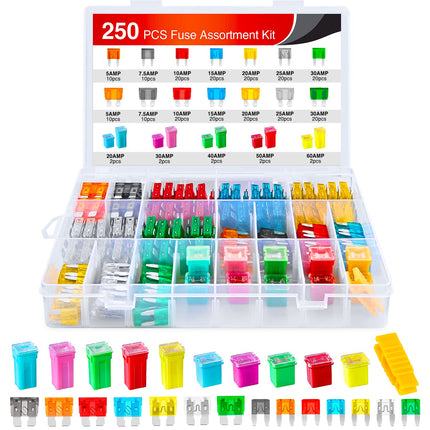 250PCS Car Fuse Assortment Kit, Mini Blade & JCASE Fuses 5A-60A for Cars & Trucks