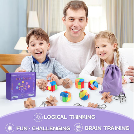 18PCS Brain Teaser Puzzle Set Wooden Metal & Plastic IQ Games for All Ages