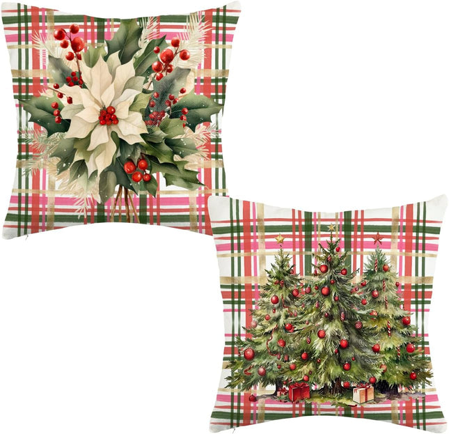 Red Green Buffalo Plaid Christmas Pillow Covers 18x18, Set of 2 for Sofa Decor