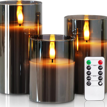 Grey Glass Flameless Candles – LED Pillar with Remote, Timer, Set of 3 (D3xH4, 5, 6)