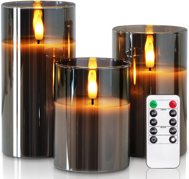 Grey Glass Flameless Candles – LED Pillar with Remote, Timer, Set of 3 (D3xH4, 5, 6)