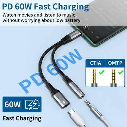 USB-C to 3.5mm Headphone & Charger Adapter – 2-in-1 PD 60W for iPhone & Samsung