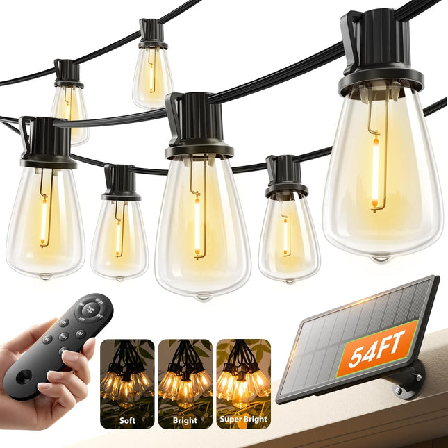 54FT Solar Patio String Lights – Waterproof, Dimmable LED with USB Charging & Remote