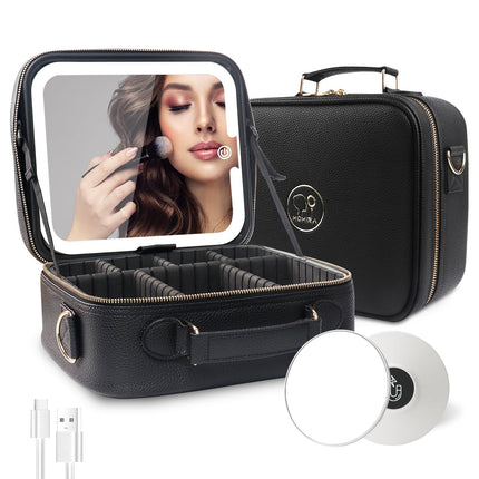 Travel Makeup Bag with Lighted Mirror – Adjustable, Waterproof, Black