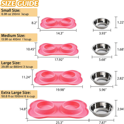 Pet Dog Bowls Set – 2 Stainless Steel Bowls with No-Spill Mat & Food Scoop (Pink)