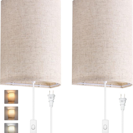Set of 2 Plug In Wall Sconces 2700K 4000K 5000K Linen Fabric Shades On/Off