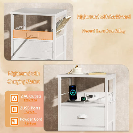 White Nightstand with Charging Station, 2 Fabric Drawers, USB Ports, Outlets and Hooks
