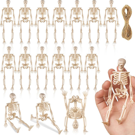16-Piece 6in Mini Posable Skeletons, Rotating Head & Legs, Halloween Party Decor