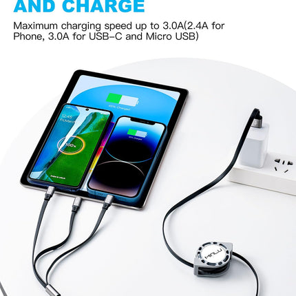 2-Pack 4ft Retractable Multi Charging Cable – 3-in-1 USB-C/Lightning/Micro