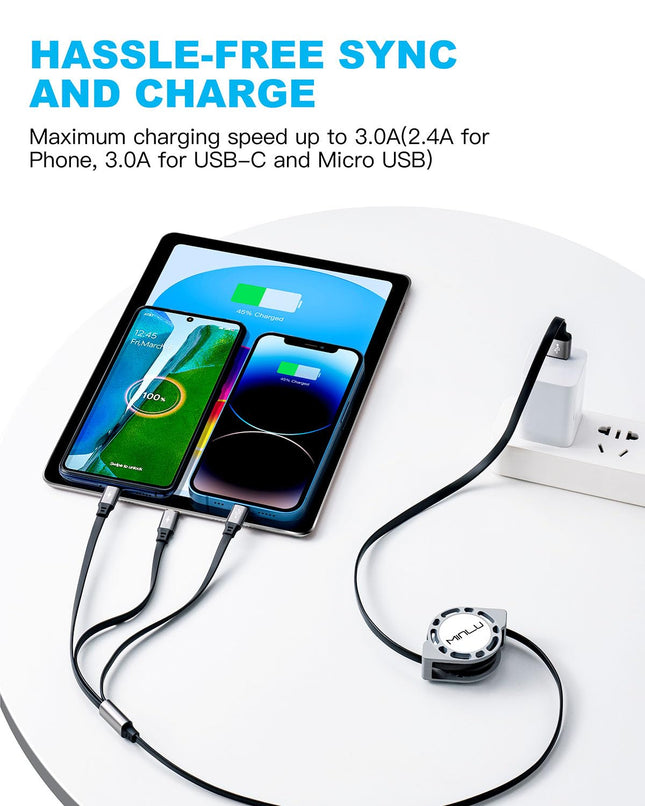 2-Pack 4ft Retractable Multi Charging Cable – 3-in-1 USB-C/Lightning/Micro