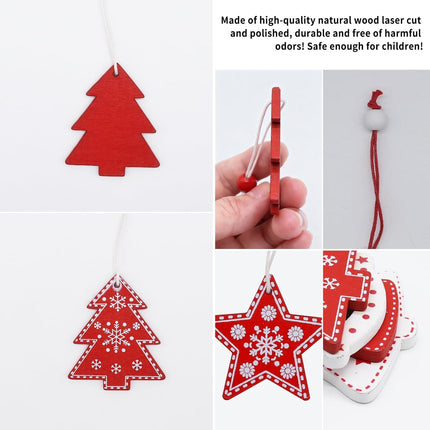 12PCS Star Wooden Christmas Ornaments – Red & White Hanging Tree Decorations