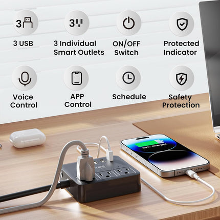 Smart WiFi Power Strip – 3 Outlets, 3 USB Ports, Alexa & Google Home