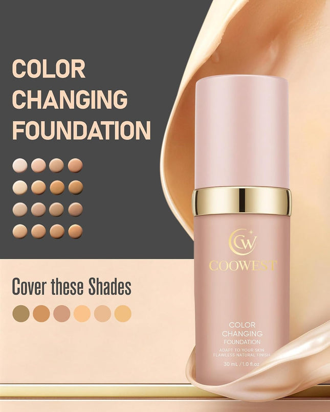 Color Changing Foundation 30ml, Shade-Adapting Skin Tint, Hydrating Light-Medium Coverage Makeup