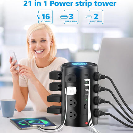 Tower Power Strip – 16 Outlets, 5 USB (2 USB-C), Surge Protector, 6FT Cord