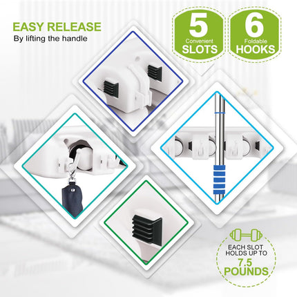 Broom Holder Wall Mount – 5-Position, 6-Hook Mop & Broom Organizer, White