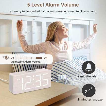 Wooden Digital Alarm Clock – Large Numbers, Loud Alarm, Dimmer, Volume Control