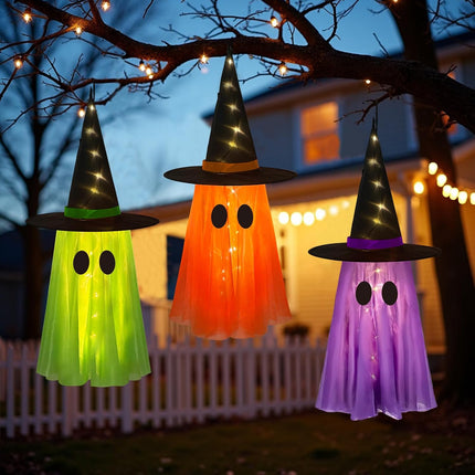 3-Pack Light-Up Halloween Hanging Witch Ghosts, String Lights for Yard & Porch Decor