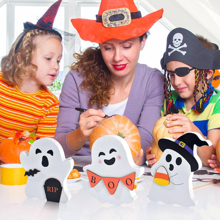 3-Piece Cute Halloween Ghost Wooden Table Decor, Tiered Tray Signs for Home Party