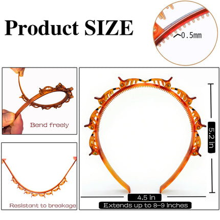 2Pcs Braided Bang Headband with Clips Teeth Woven Hairband for Women Black Brown