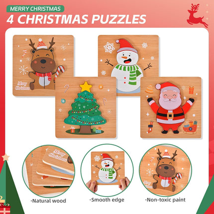 4-Pack Christmas Wooden Puzzles – Fun Jigsaw Set for Kids & Toddlers