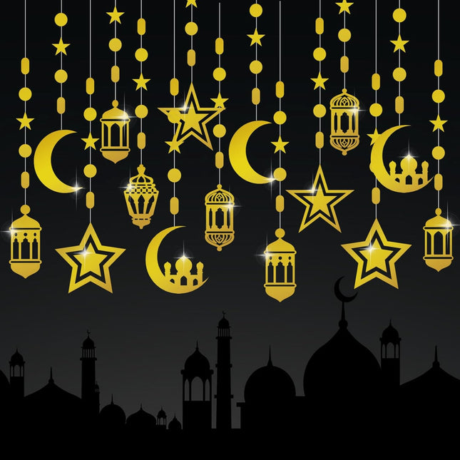 16Pcs Ramadan Decorations – Gold Star, Moon & Lantern Garland for Eid Mubarak