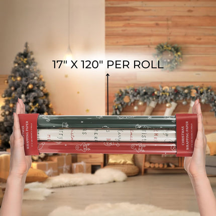 3 Pack Christmas Gift Wrapping Paper Rolls – 17"x120" Cute Holiday Designs
