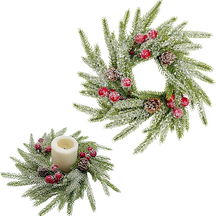 Christmas Candle Ring Wreath – Norfolk Pine with Red Berries & Snowy Pinecones