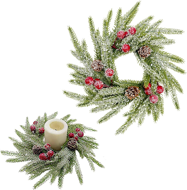 Christmas Candle Ring Wreath – Norfolk Pine with Red Berries & Snowy Pinecones