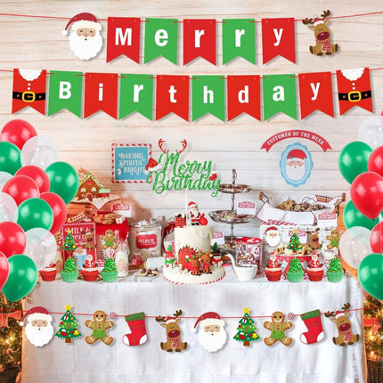 Christmas & Birthday Decorations Kit – Merry Banner, Glitter Cake Topper, Santa, Tree & Snowflake