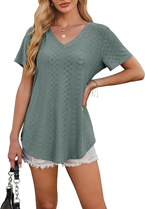 Women’s V Neck Short Sleeve T Shirts Loose Fit Casual Curved Hem Basic Tee