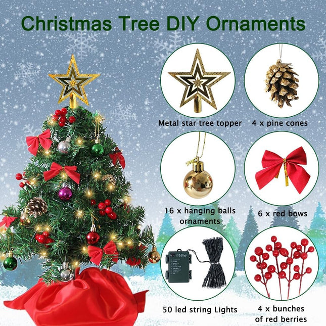 Mini Christmas Tree Set (24 Inch) Tabletop Artificial Tree with 50 LED Lights