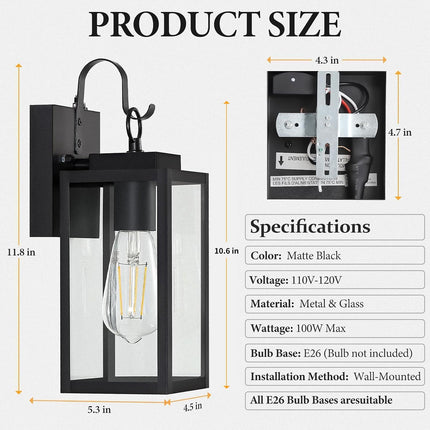 11.8 Inch Outdoor Wall Light Dusk to Dawn Black Metal Frame Clear Glass E26