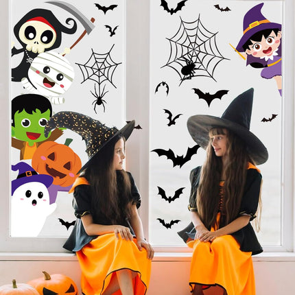 2-Sheet Halloween Door Stickers, Pumpkin Ghost Skull Witch Wall Decals, 35.4x11.8in