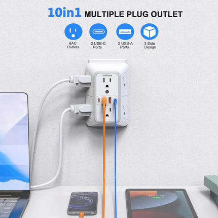 6-Outlet Surge Protector with 4 USB Ports (2 USB-C) – 3-Sided Wall Charger for Home & Travel