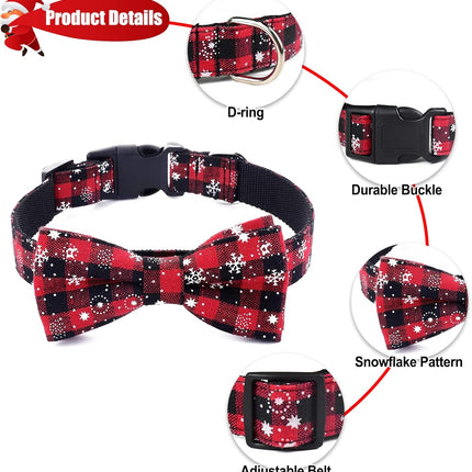 2-Pack Christmas Dog Collars – Plaid & Snowflake Bow Tie Designs with Light Adjustable Buckles