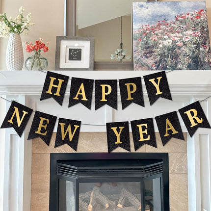 Happy New Year 2026 Banner – Black Glitter Pre-Strung Party Supplies