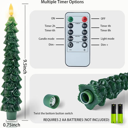 4 PCS Christmas Tree Flameless Candles LED Tapers with Remote & Timer, Green