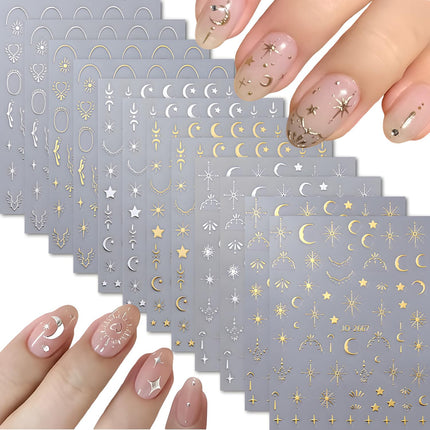 12-Sheet Silver Gold Moon Star Nail Art Stickers, 3D Self-Adhesive Decals
