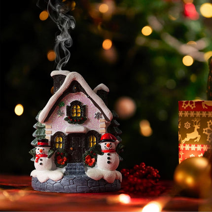 Christmas Cabin Incense Holder – Snow House with Tree & Snowman Holiday Decor