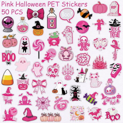 50-Piece Pink Halloween Stickers, Kawaii Ghost Pumpkin Cat Witch Vinyl Decals