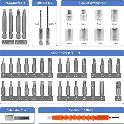 Cordless Electric Screwdriver Kit 47 Bits Rechargeable Power Tool for Home DIY