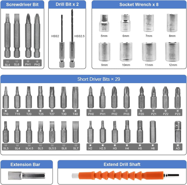 Cordless Electric Screwdriver Kit 47 Bits Rechargeable Power Tool for Home DIY