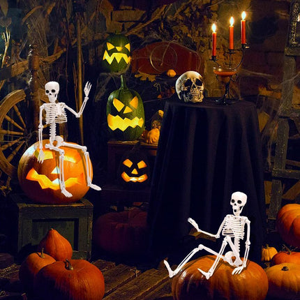 2-Piece 16in Hanging Skeletons, Posable Full-Body Plastic Halloween Decorations