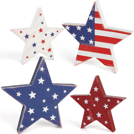 4 Pcs 4th of July Wooden Star Decor Patriotic Red White Blue Table Set