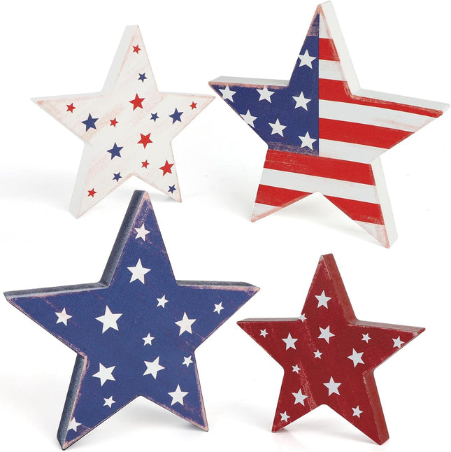 4 Pcs 4th of July Wooden Star Decor Patriotic Red White Blue Table Set