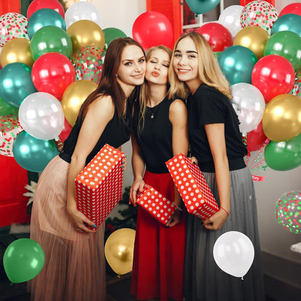 12" Christmas Balloons – Red, Green, White & Gold Latex Party Decorations