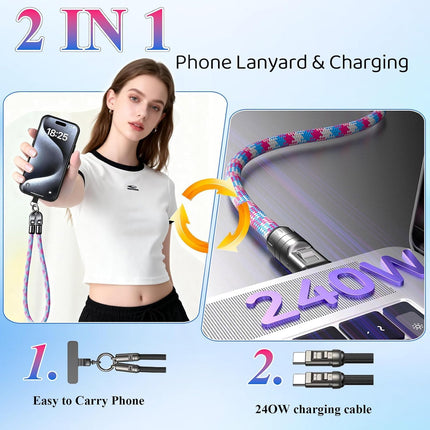 240W USB-C Charging Cable Bracelet, 5A Fast Charging Lanyard for Phones