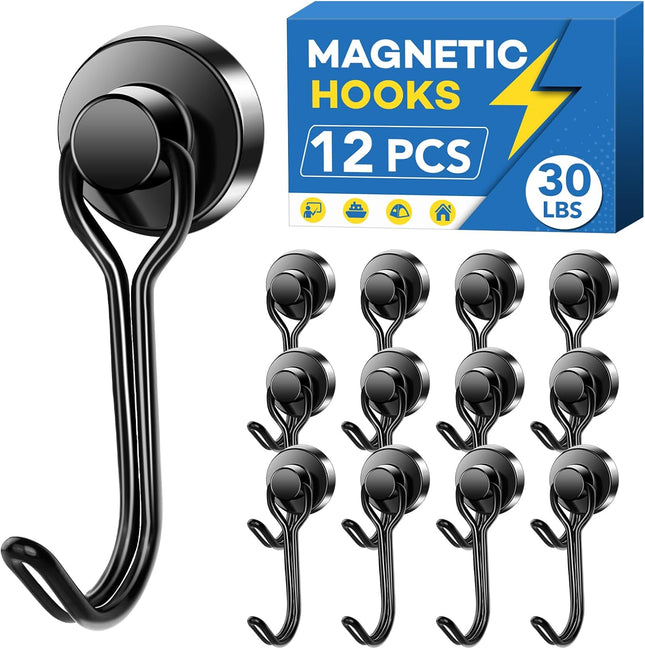 12-Pack Magnetic Hooks – 30lb+ Heavy Duty, Black, Refrigerator & Home Use